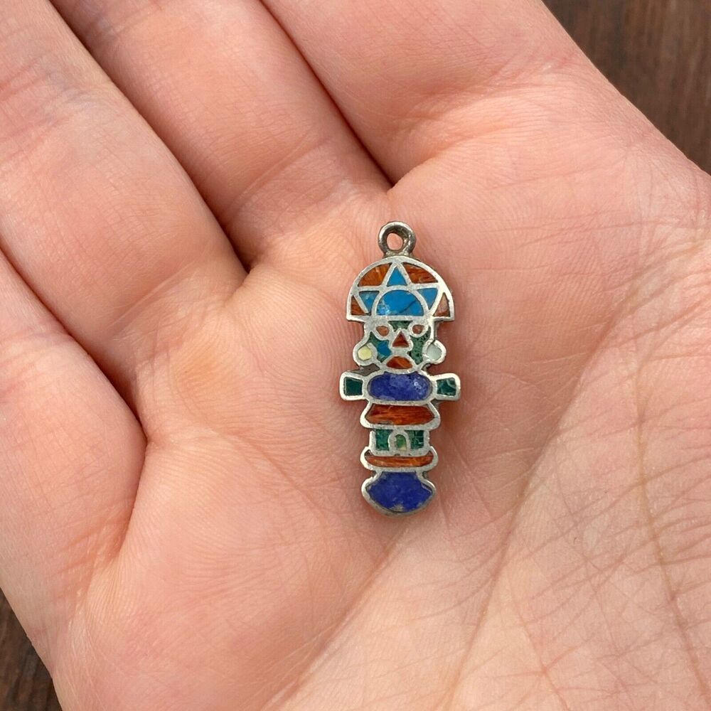 Vintage 950 Silver Colorful Inlay Peru Tumi Healing God Pendant Bracelet Charm